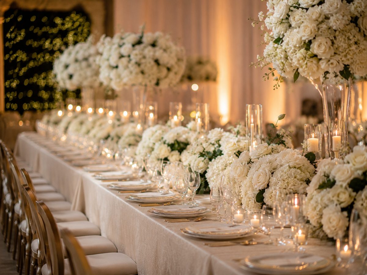 Mesa de celebração preparada para um casamento